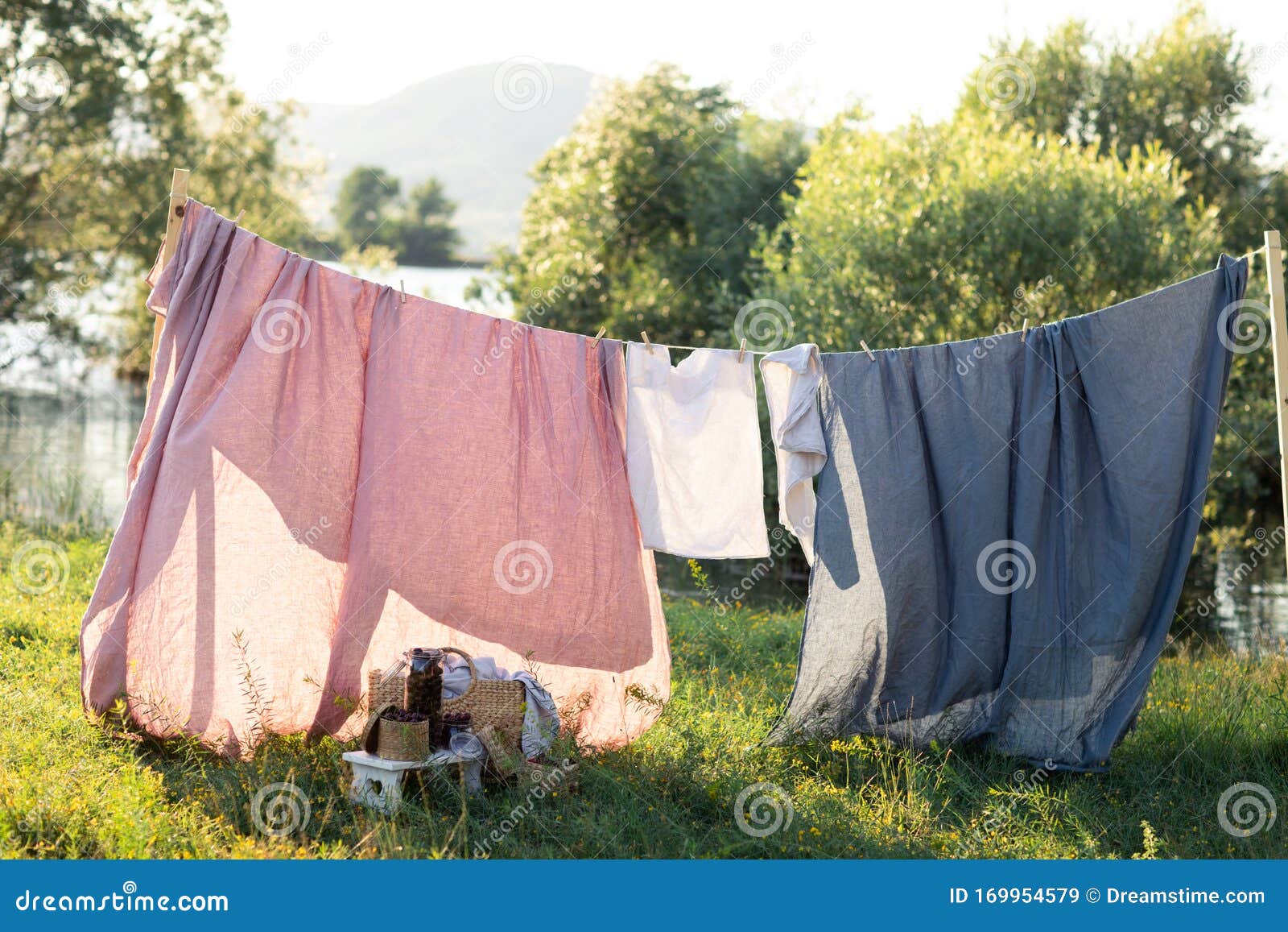 Clean Bed Sheet Hanging on Clothesline. Stock Image - Image of garden ...