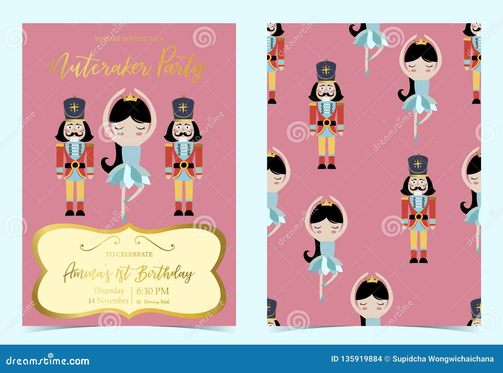 pink blue birthday invitation with nutcracker,princess,ballet and solider