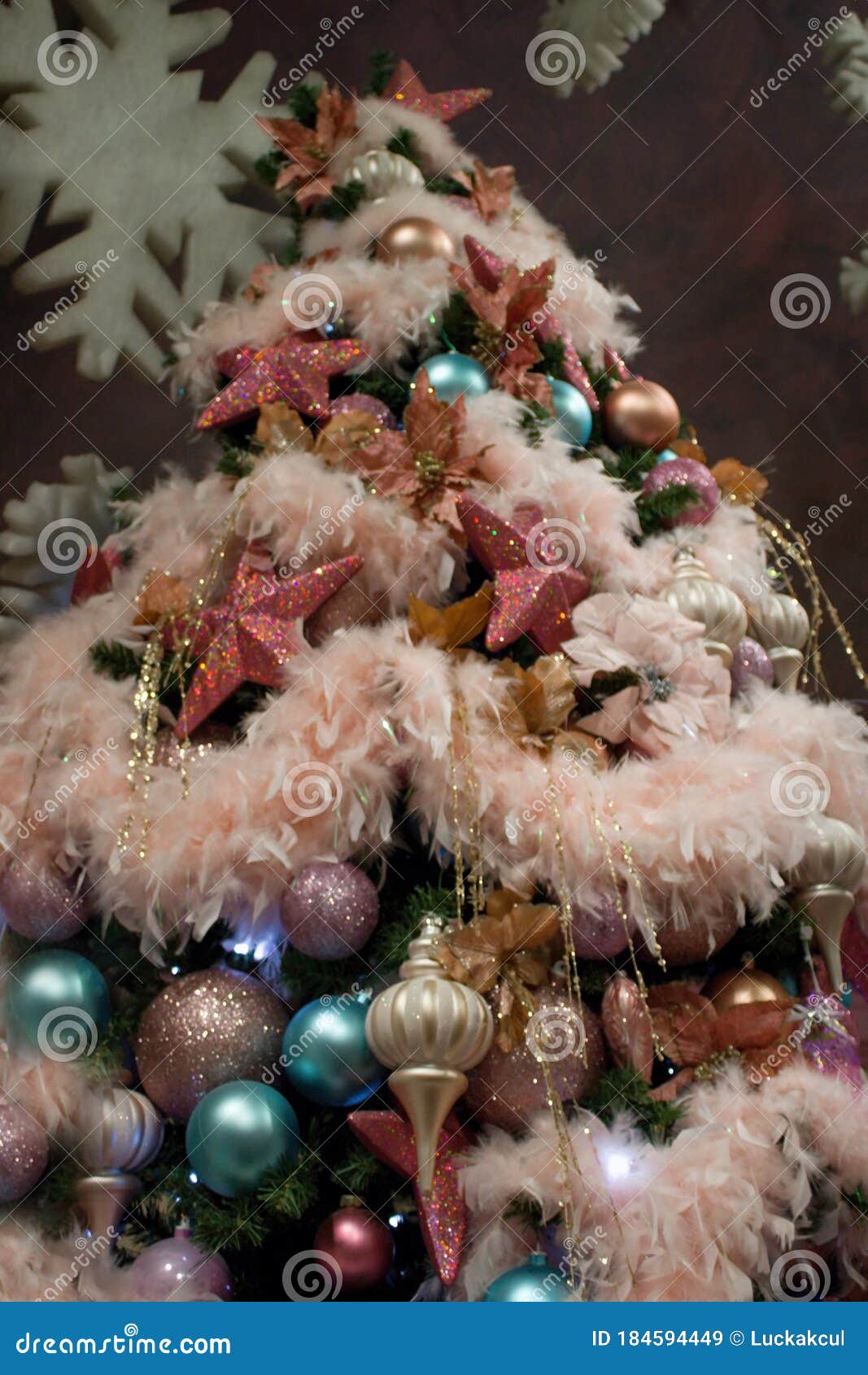 Pink,blue and Gold Richly Decorated Christmas Tree with Feather Boa and  Stars, Snowflakes Etc. Stock Image - Image of bears, celebrate: 184594449