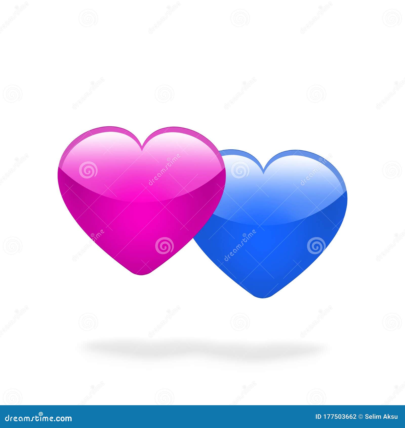 Pink and Blue Hearts Together. Isolated White Background. Stock Photo