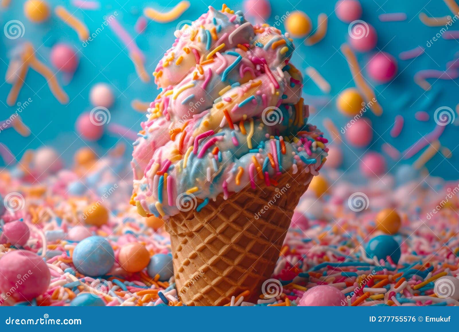Pink Blue Ice Cream Cone with Confetti Generative Ai Stock Illustration