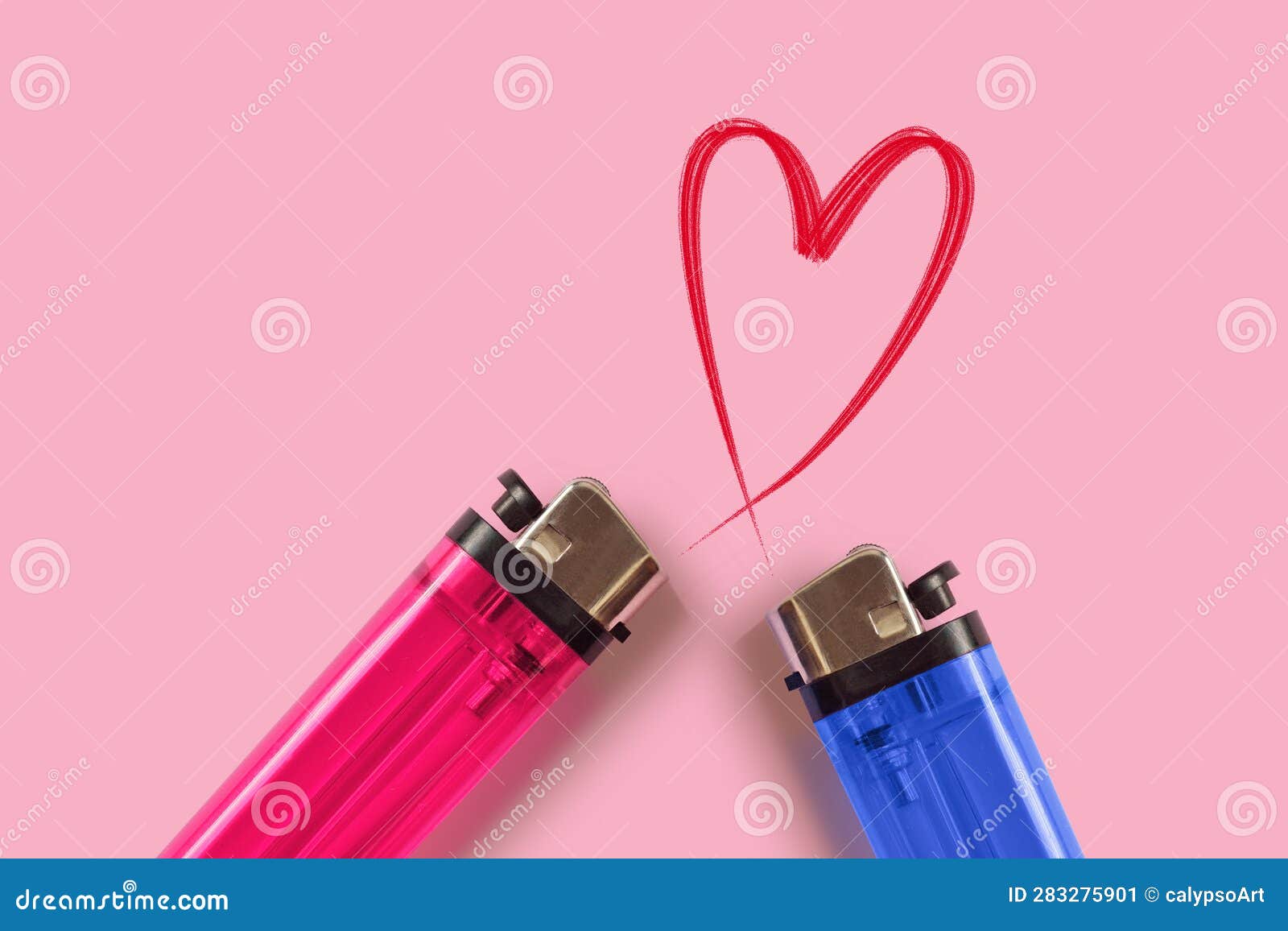 Pink and Blue Lighters with Heart on Pink Background Concept of Love
