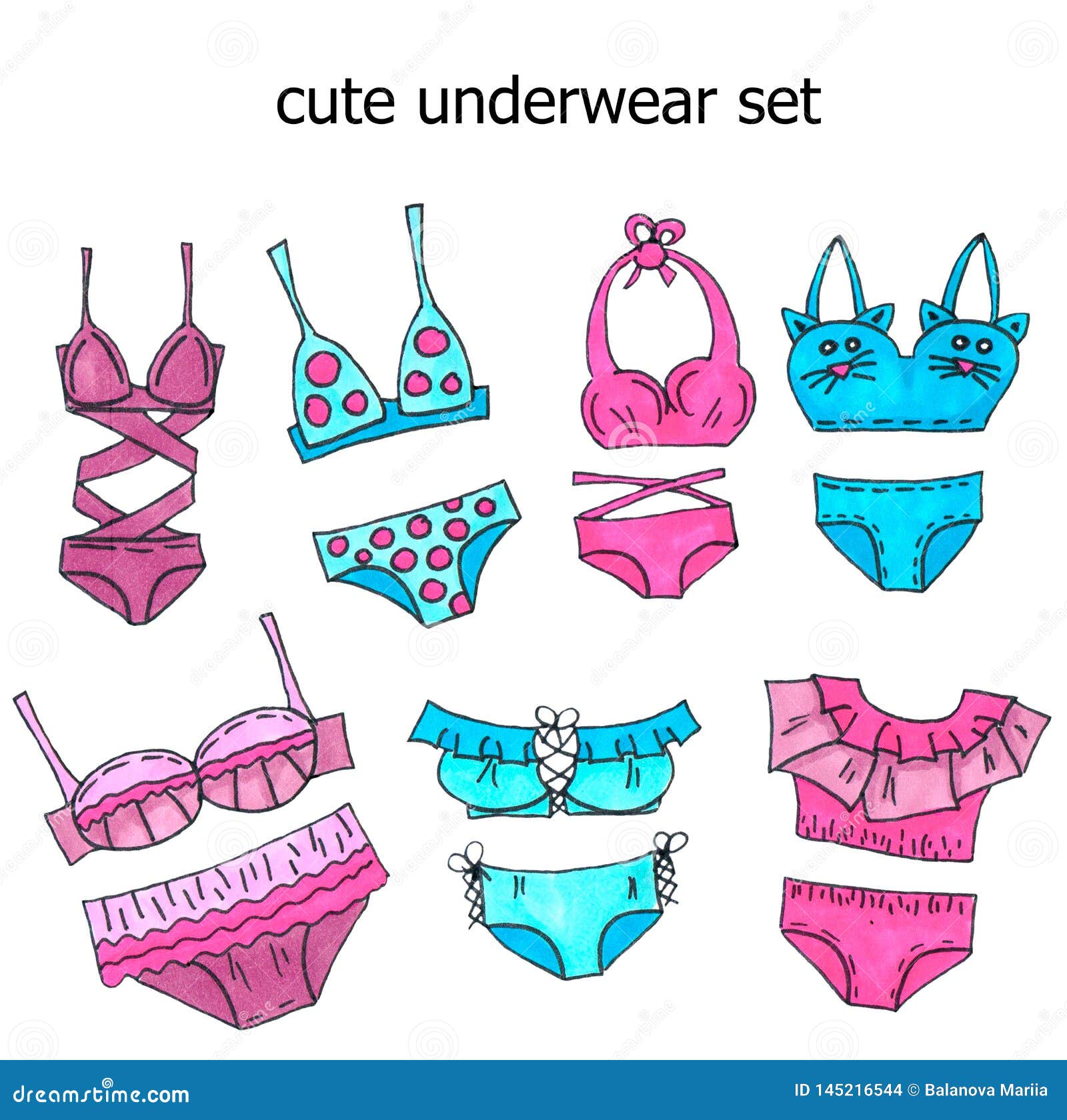 Pink and Blue Lingerie Set. Marker Art Underwear Design. Hand Drawn  Illustration Stock Illustration - Illustration of concept, romance:  145216544