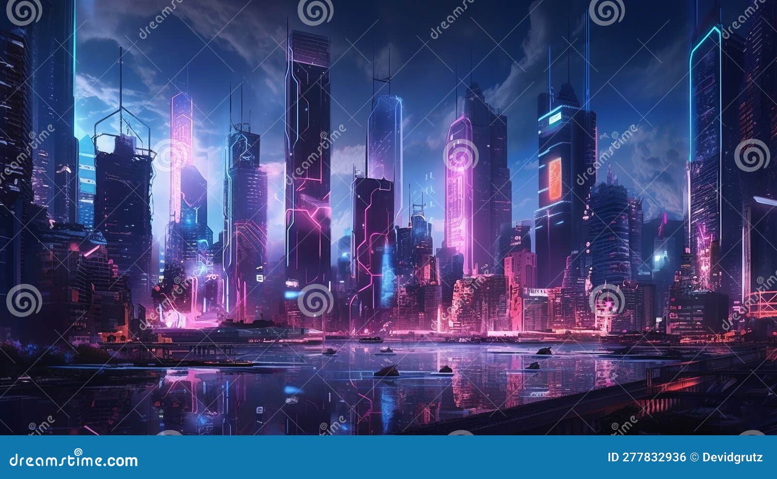 Pink and Blue Neon Lights on a City Full of Skyscraper. Generative AI