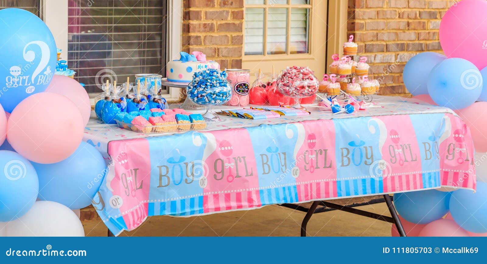 Pink and Blue, Outdoor Gender Reveal Party Decorations Stock Image