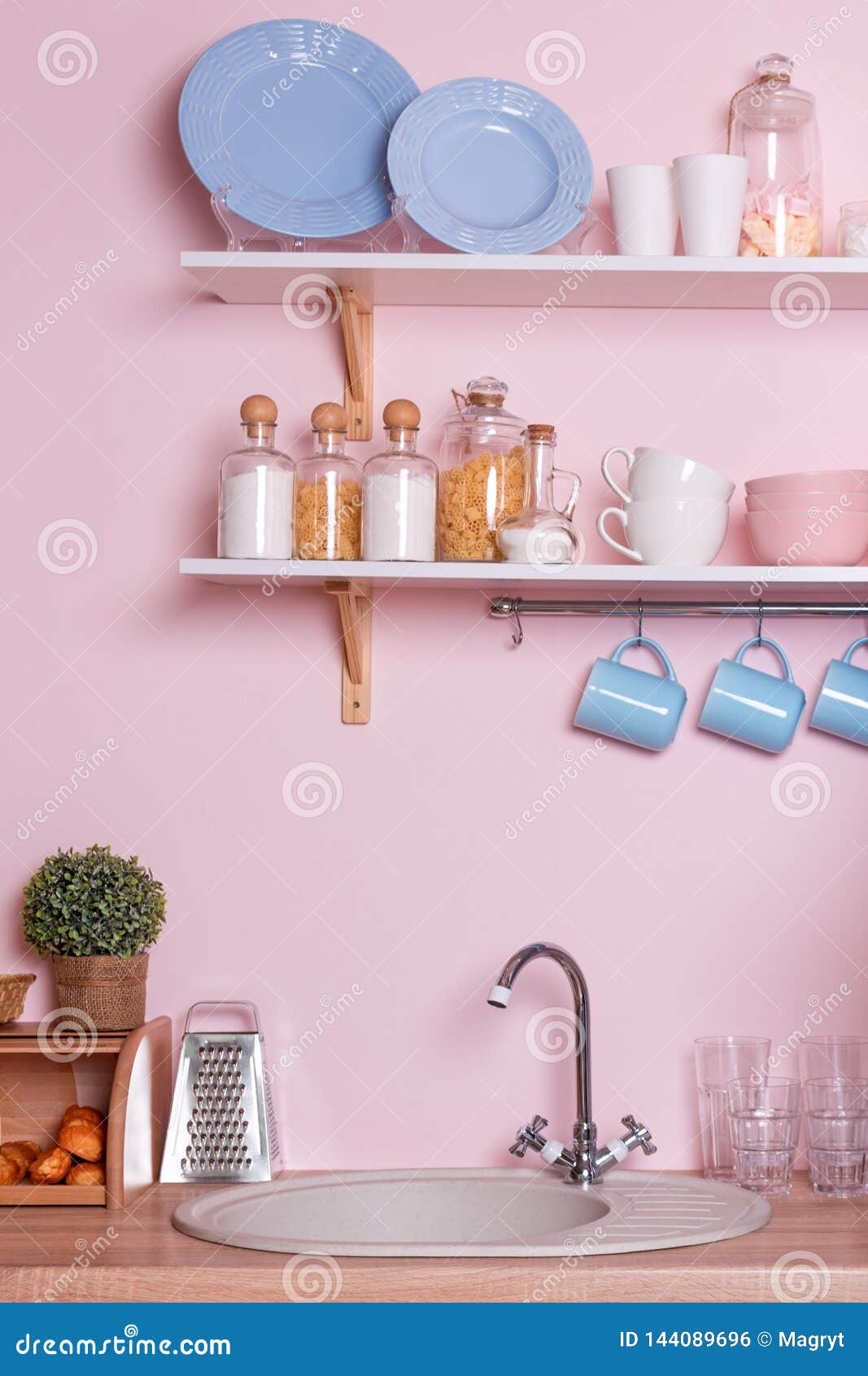 Pink and Blue Pastel Modern Kitchen Interior. Kitchen Accessories