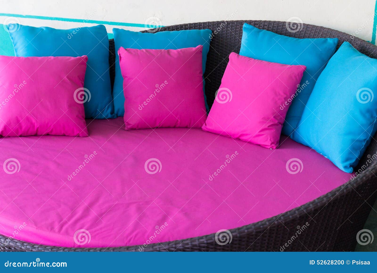 Pink and Blue Pillow on Brown Rattan Sofa Stock Photo Image of wood, contemporary 52628200