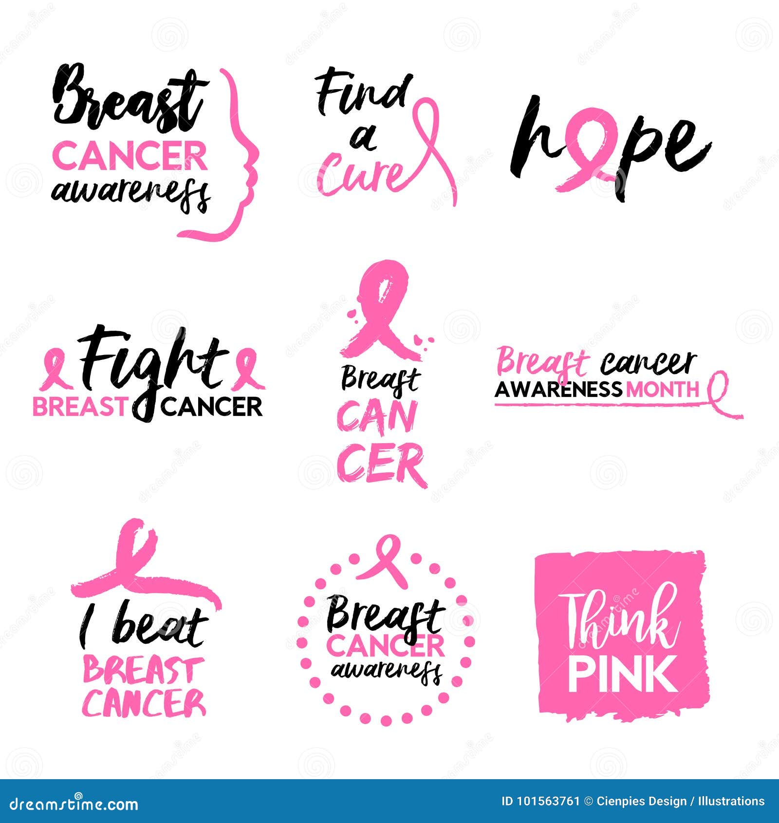 Pink Breast Cancer Awareness Typography Quote Set Stock Vector Illustration Of Month Health