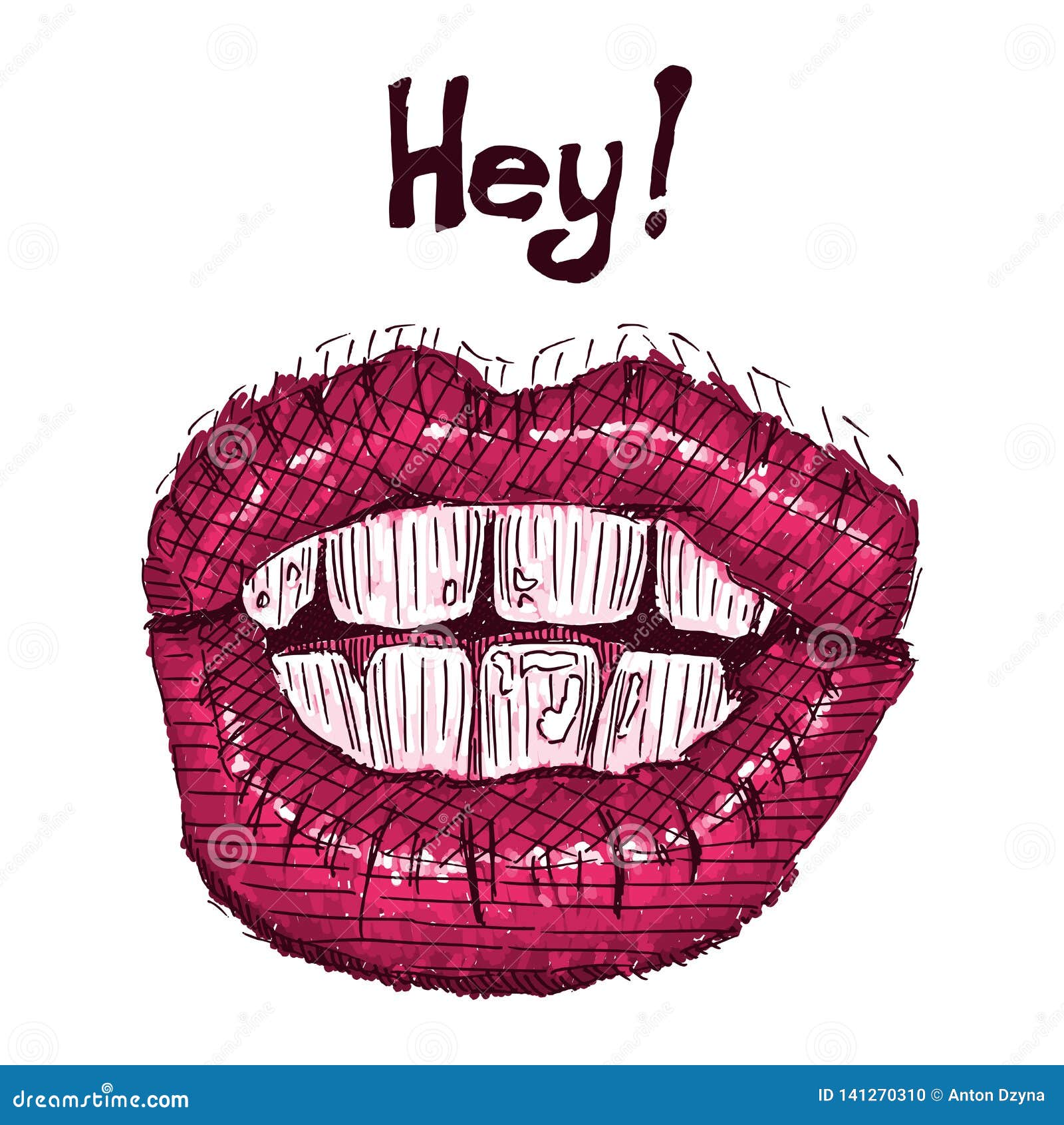 Pink Bright Lips Sketch Drawing with Teeth Stock Illustration