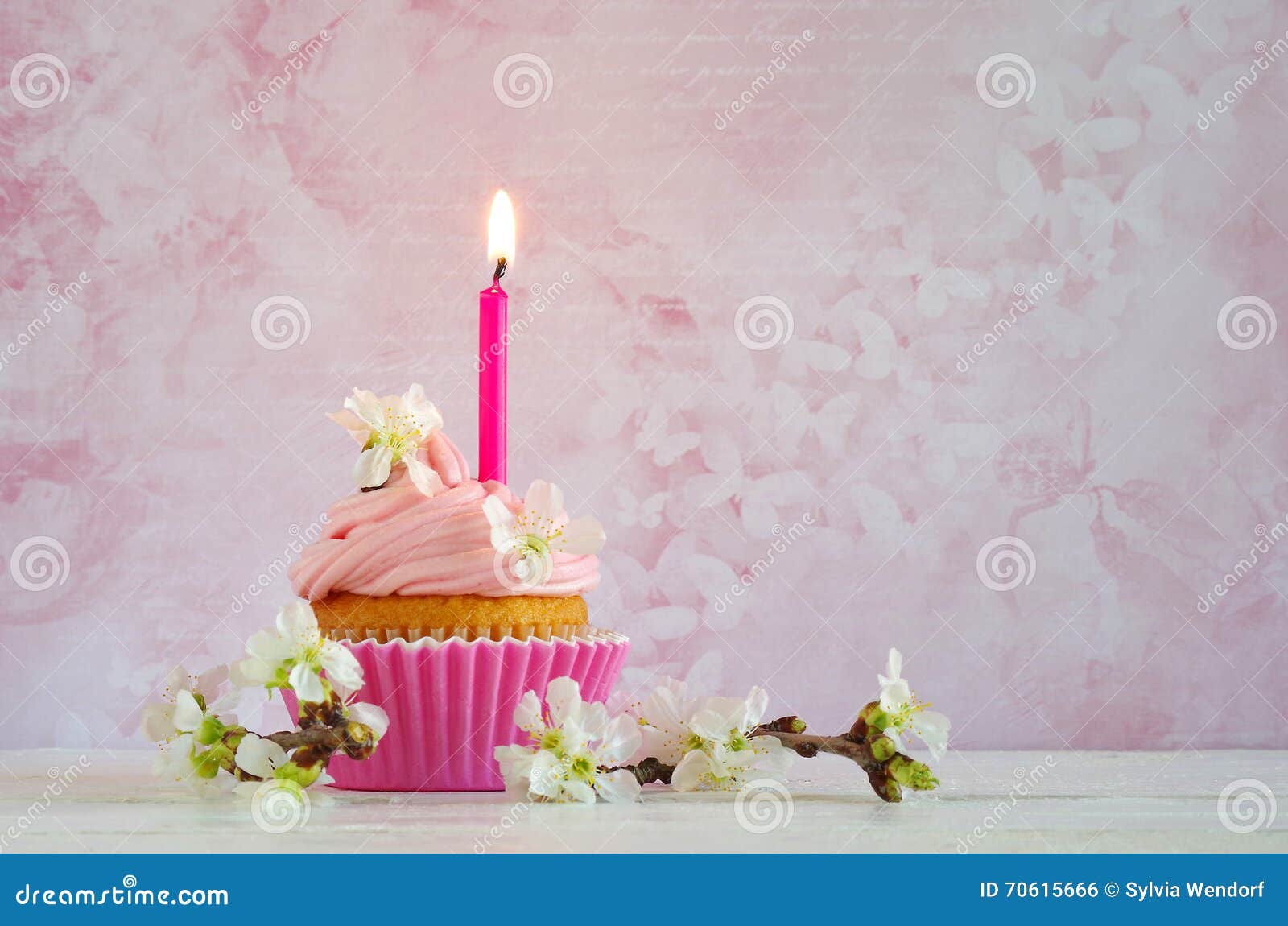 Pink Buttercream Cupcake with Flower and Candle Stock Photo Image of
