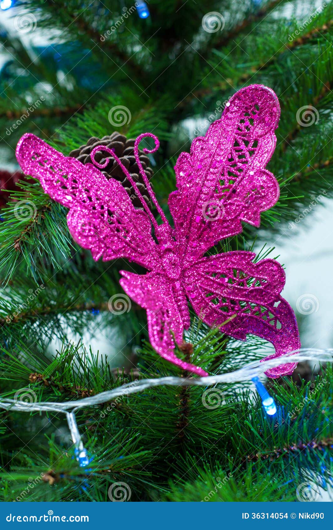 Pink Butterfly On Christmas Tree Decoration - Pine Tree 