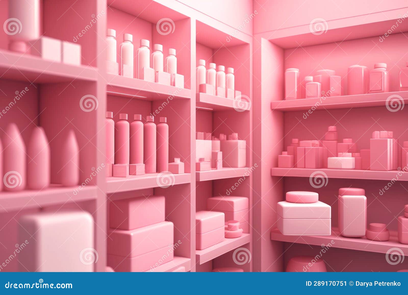 pink cabinet with shelves and varios mockups of beauty products without labels
