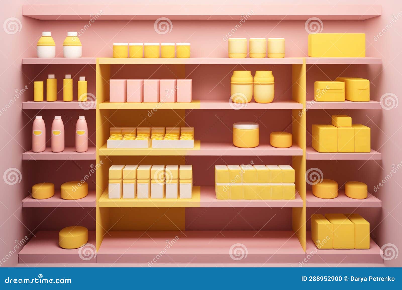 pink cabinet with shelves and varios mockups of beauty products without labels. generated by ai