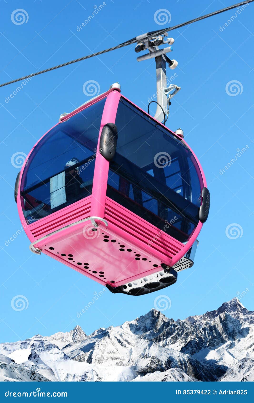 Pink Cable Car Cabin Over the Snow Mountain Peak Stock Photo Image of