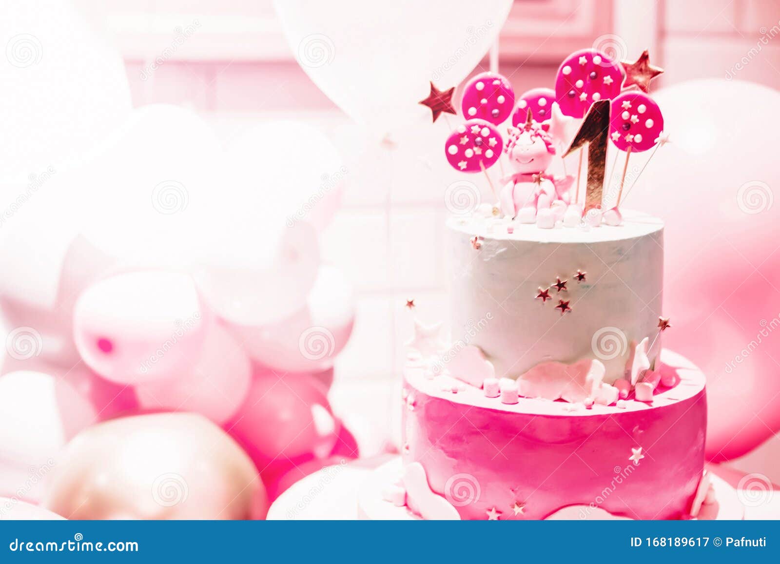 Pink Cake with Pink Balloons for Birthday on Pink Background. the First Day  of Birth. the Girl or Boy of 1 Year. Interior Stock Image - Image of copy,  birthday: 168189617
