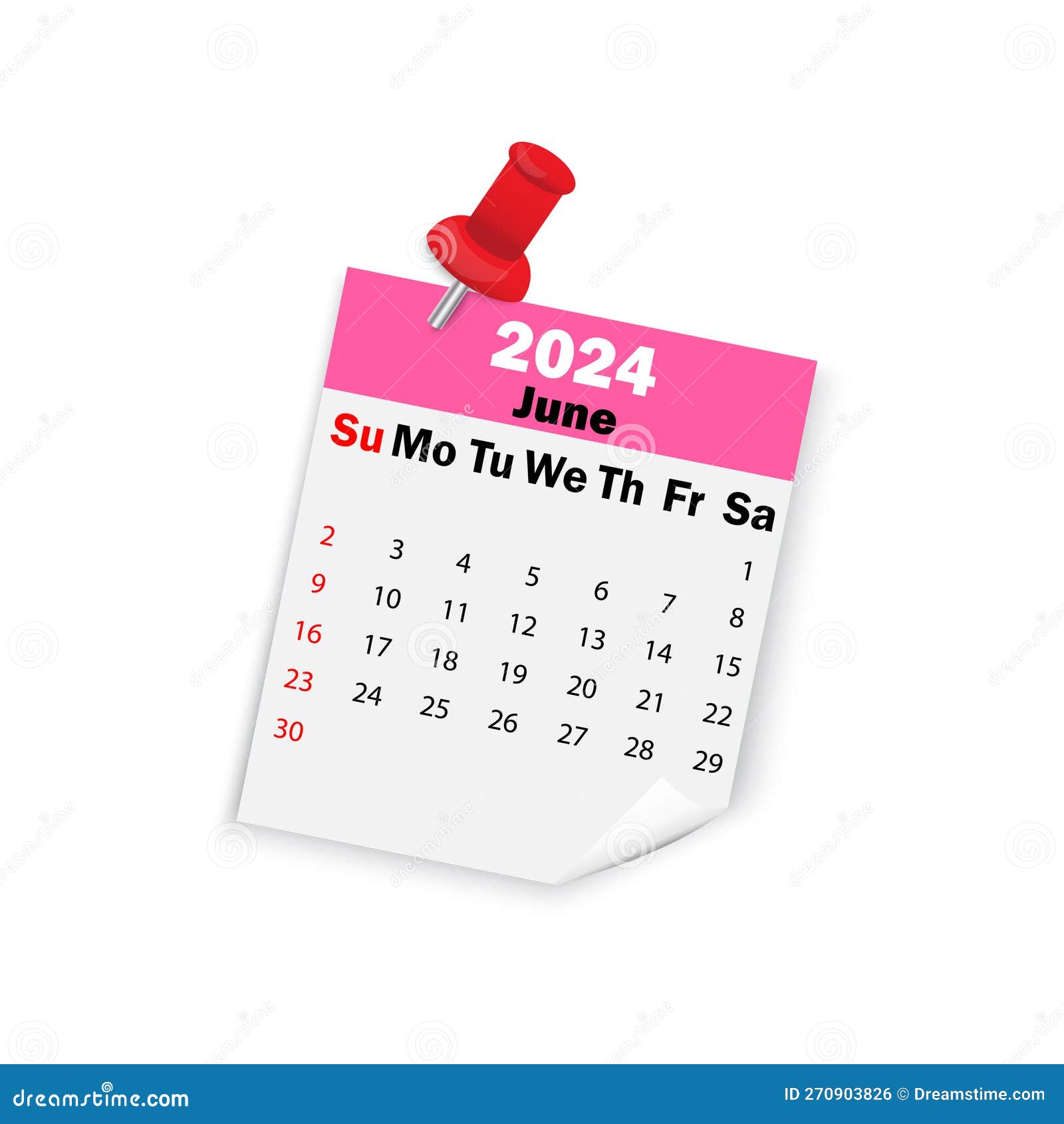 Pink Calendar 2024 June on Pin. Vector Illustration Stock Vector