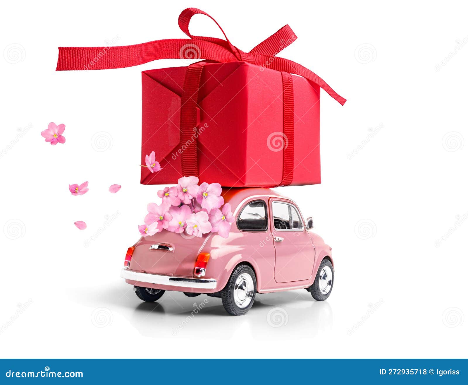 Red Toy Car Delivering Bouquet Pink Stock Photo 1485602351