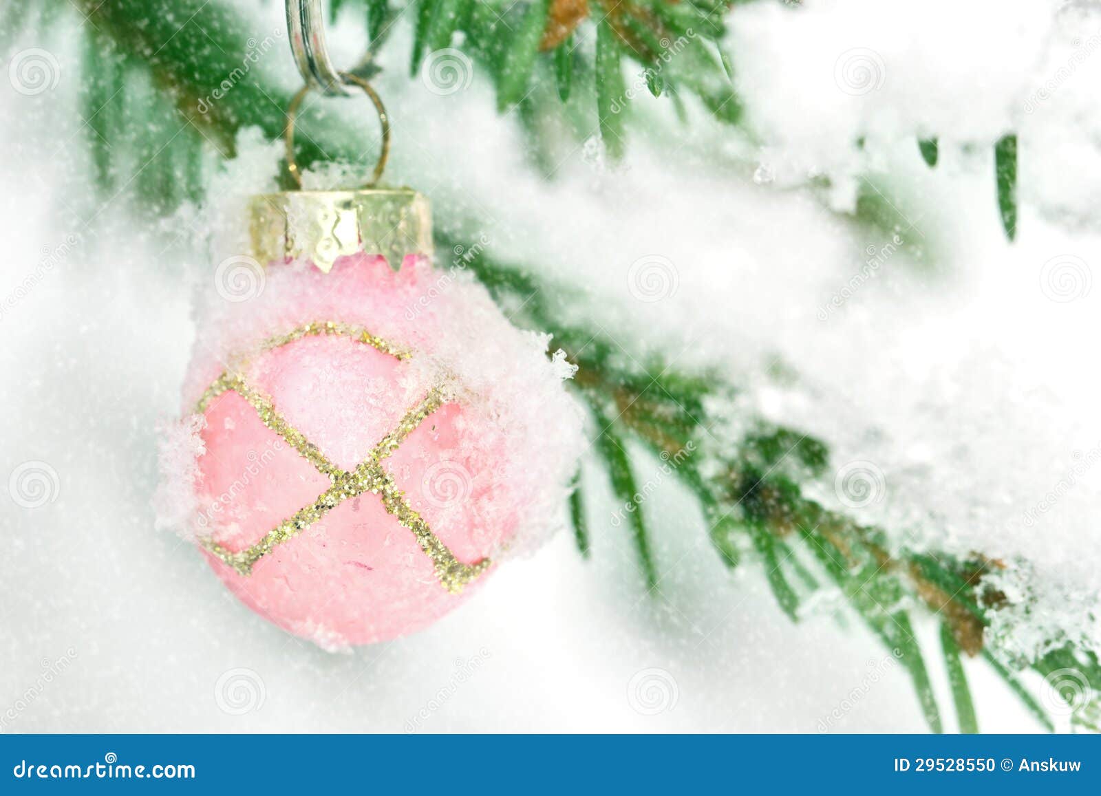 Pink Christmas Bauble Hanging Outdoors in a Xmas Tree Stock Photo