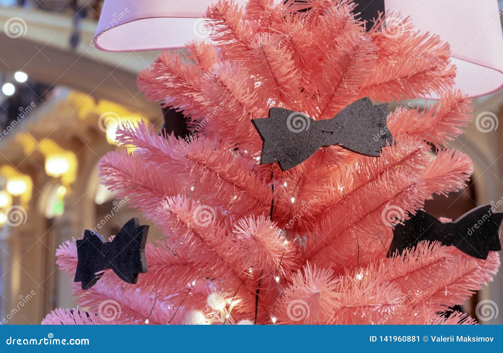 Pink Christmas Tree Decorated with Black Bows Stock Image - Image of ...