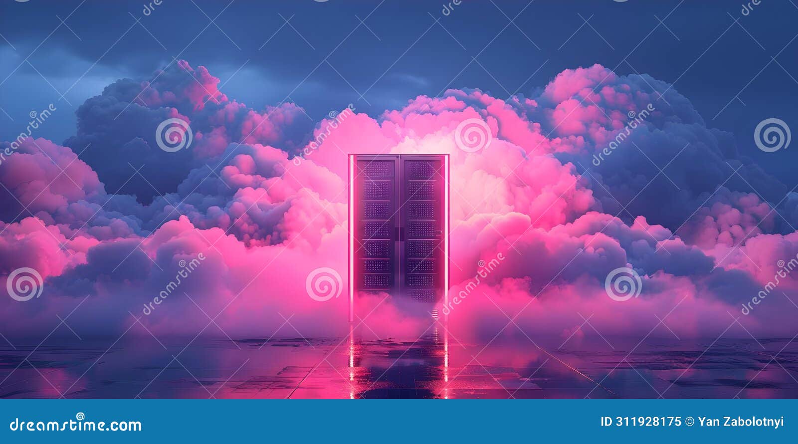 pink clouds: illuminated server rack izing secure and reliable cloud-based computing