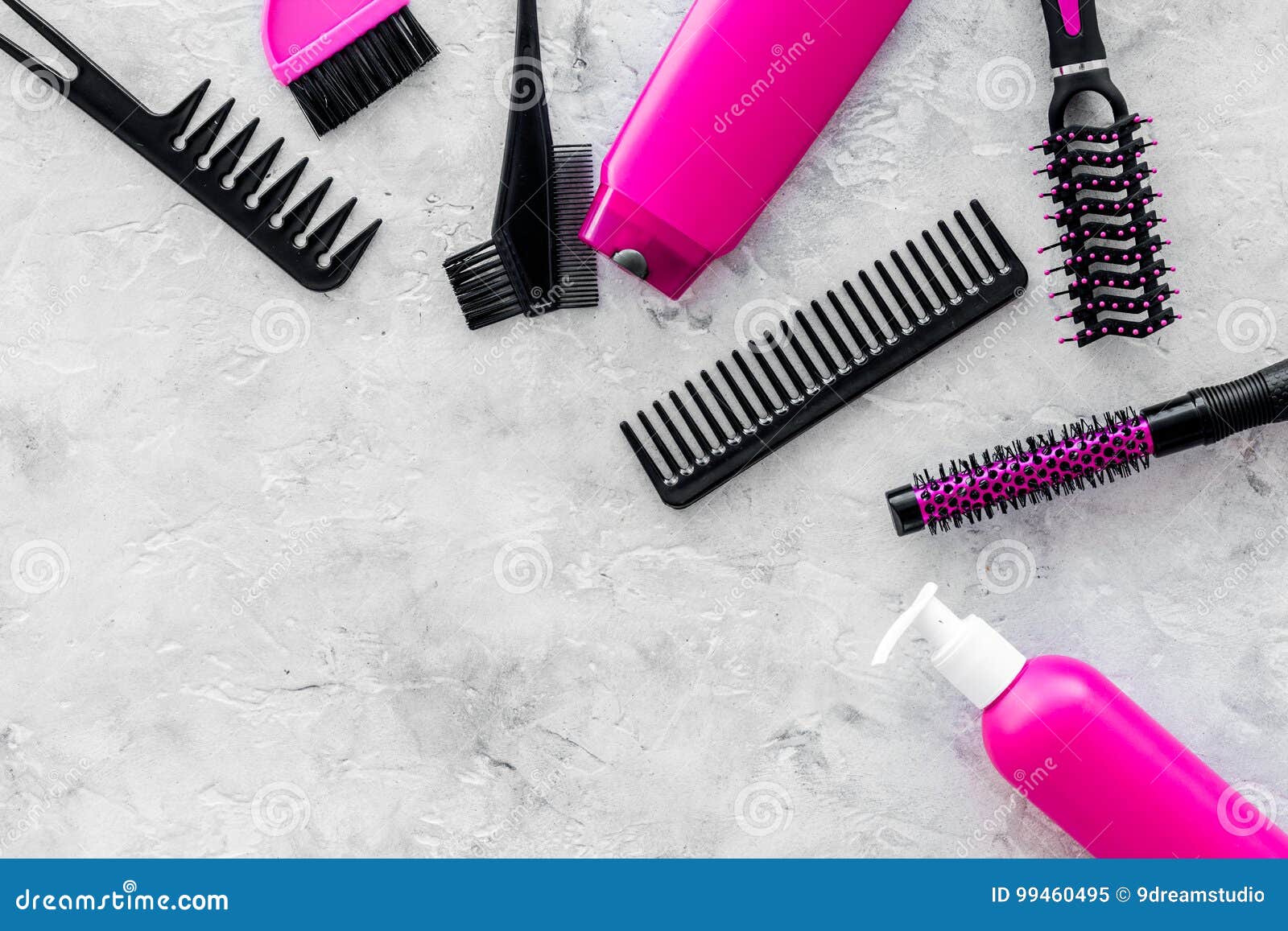 Download Pink Combs, Brushes And Spray For Hairdresser Work On Stone Desk Background Top View Mockup ...