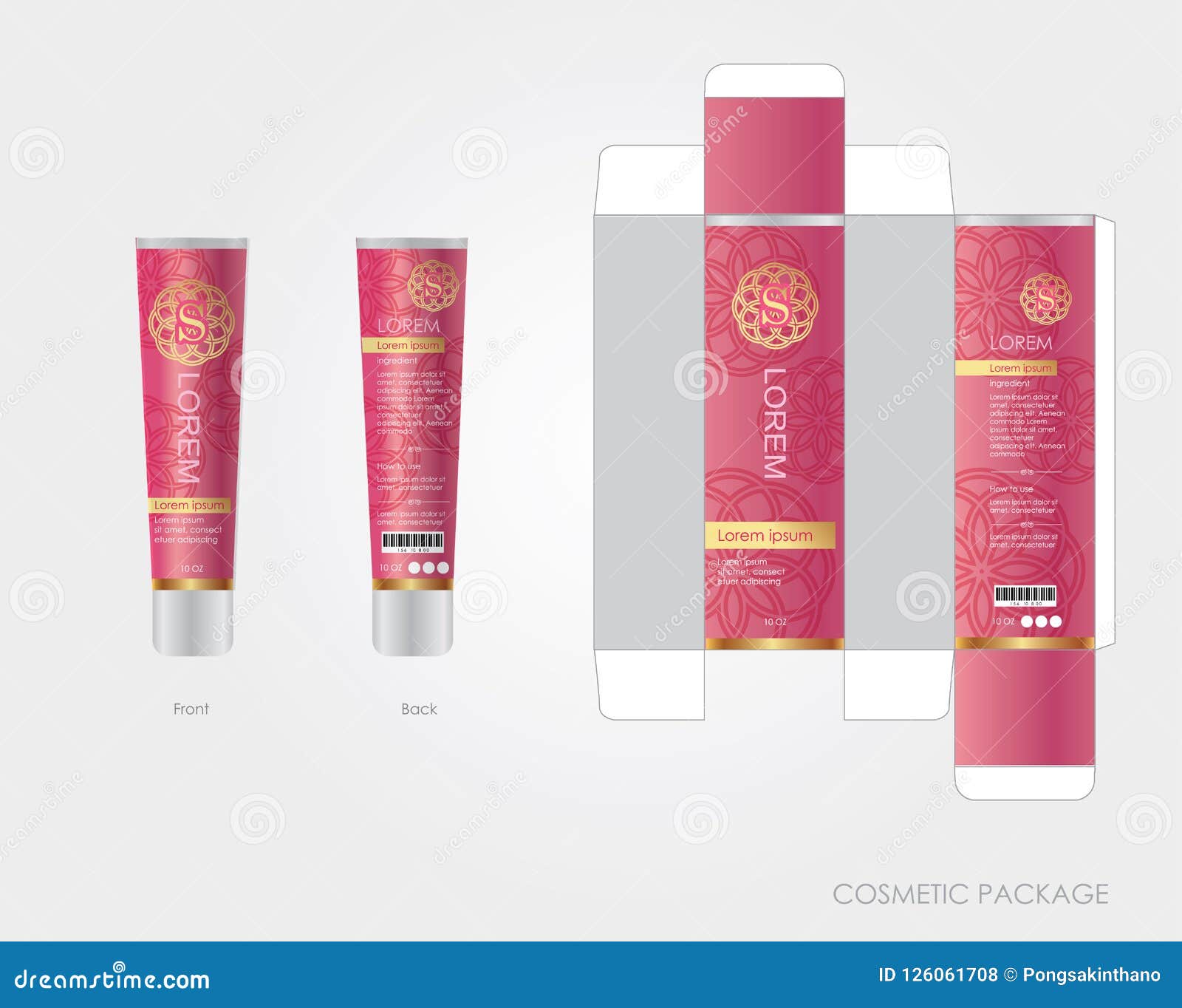 Pink Cosmetic Package Design Include Box and Bottle Stock Vector