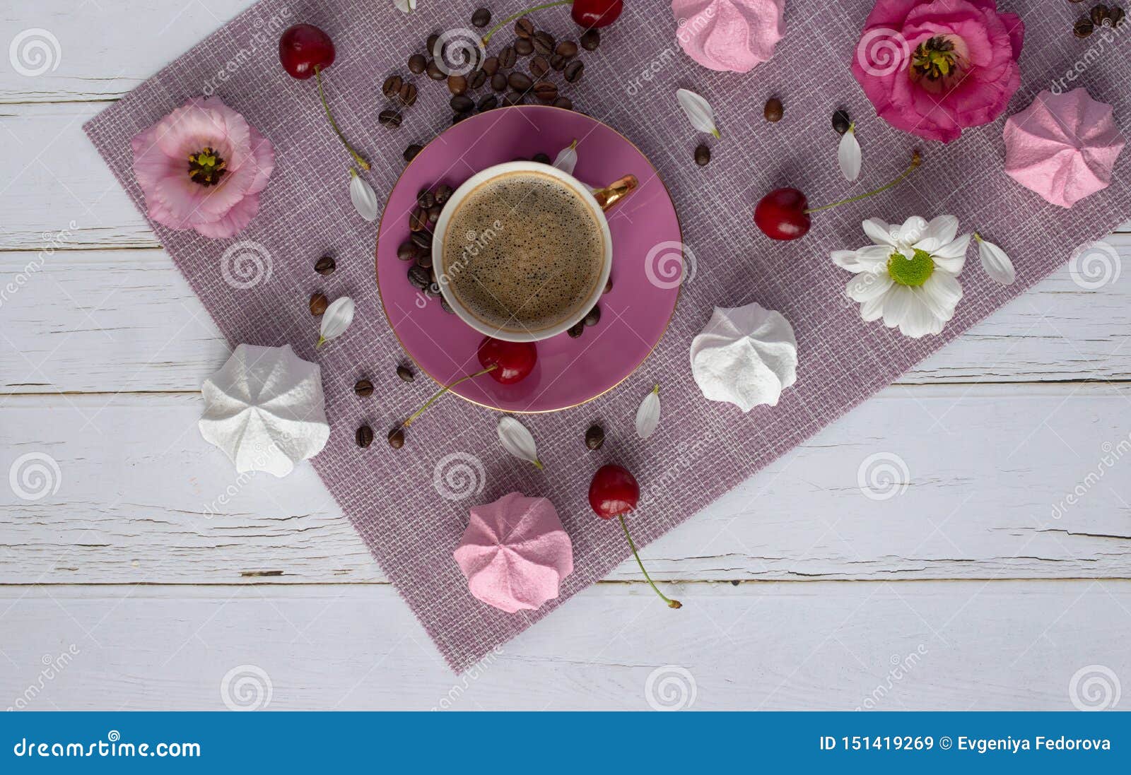 Pink Cup with Fresh Coffee among Coffee Beans, Sweet Cherries, Flowers ...