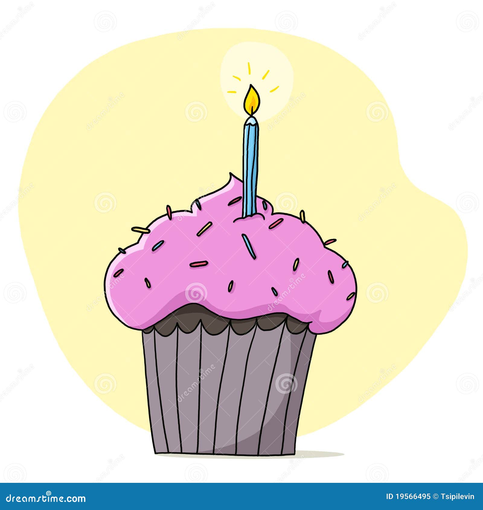 Birthday cupcake illustration on white background. Sprinkle cupcake with candle on top