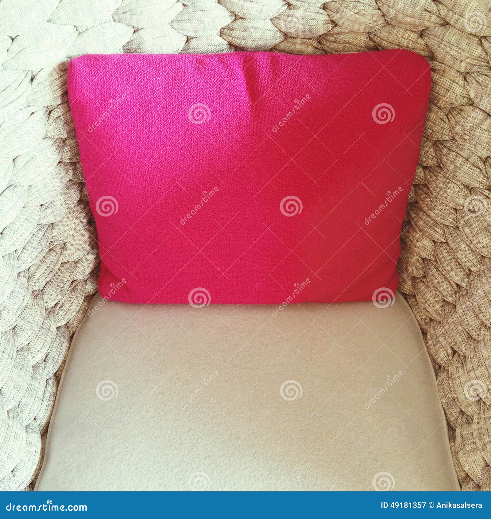 Pink Cushion Decorating a Beige Armchair Stock Image Image of knitted
