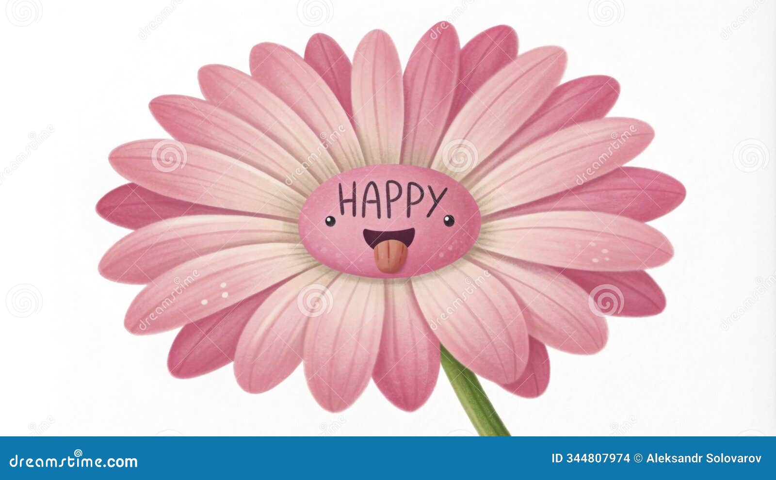 pink daisy with happy face sticking out its tongue in a cheerful 