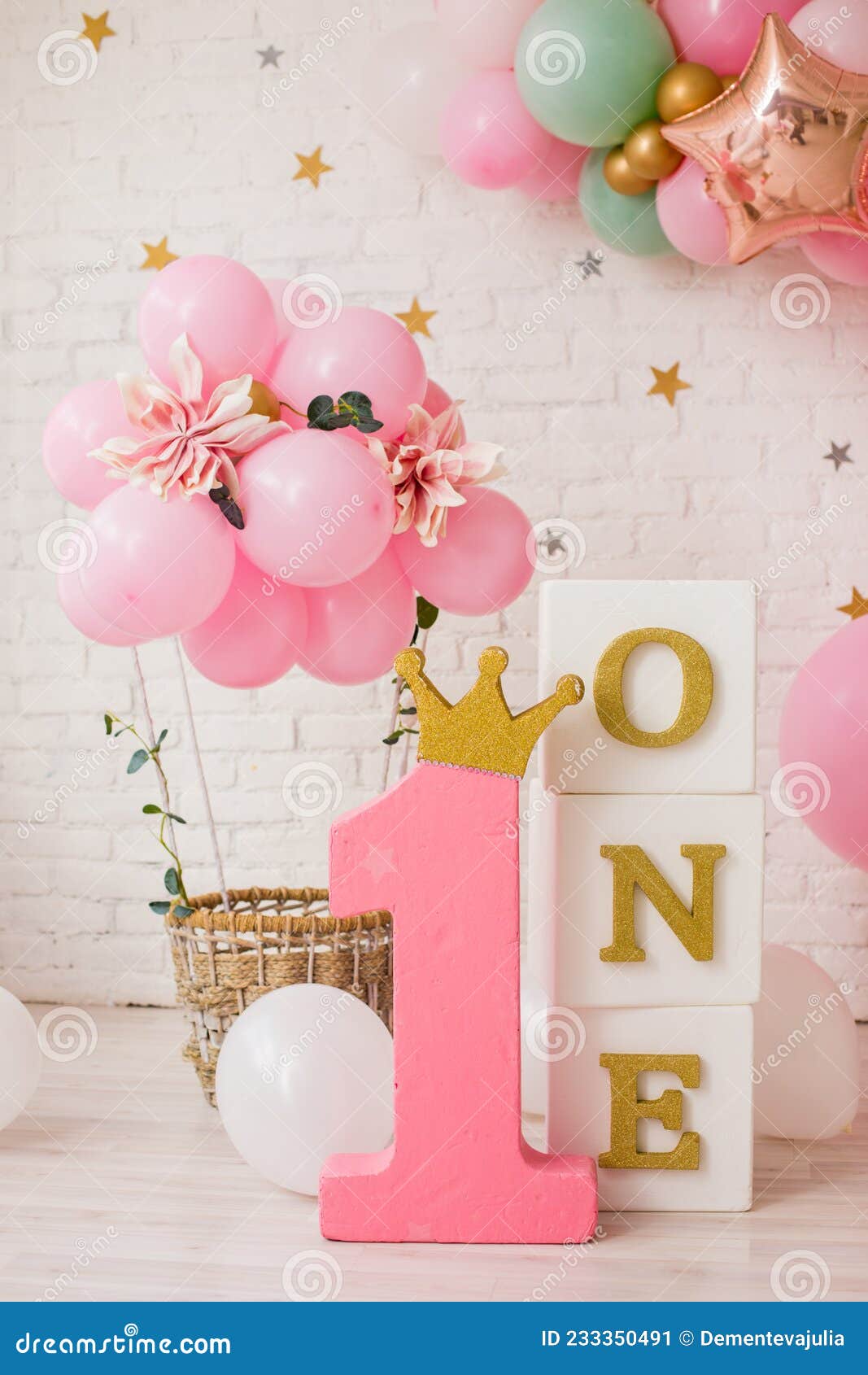 Pink Decor with Flowers for First Birthday Stock Image Image of cake