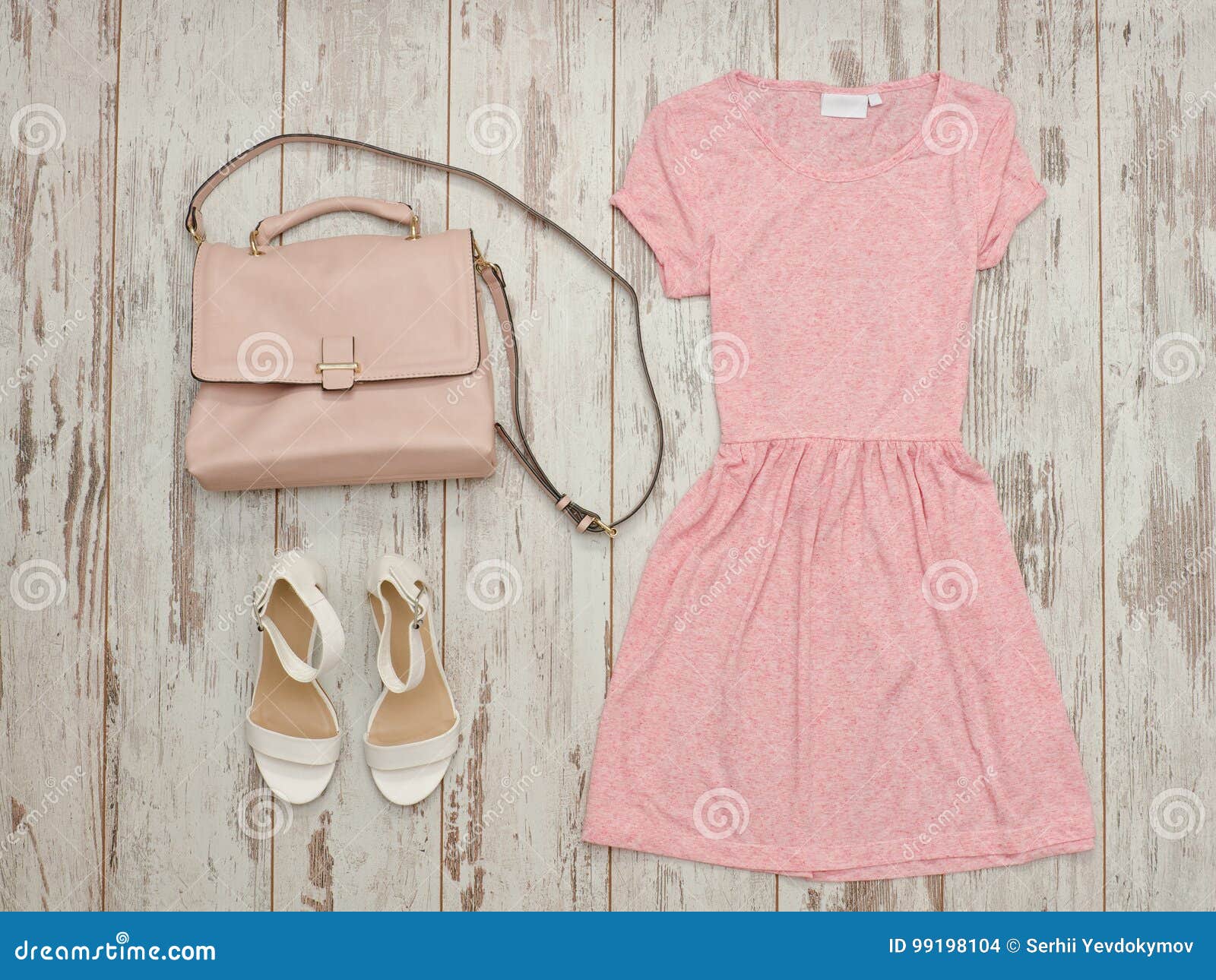 Pink Dress, White Shoes and a Beige Bag. Fashionable Concept Stock ...