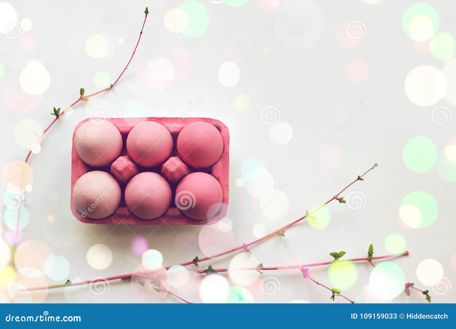 Pink Easter Eggs in Pink Box with Decoration, on White Backgroun Stock