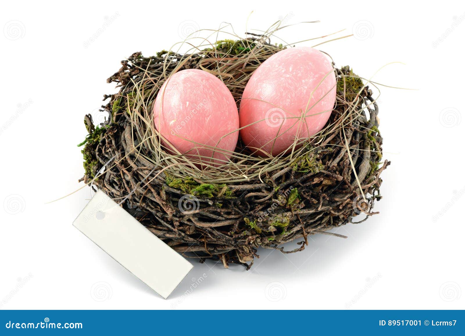 Pink Easter Eggs in a Nest with Copy Space Label on White Isolated