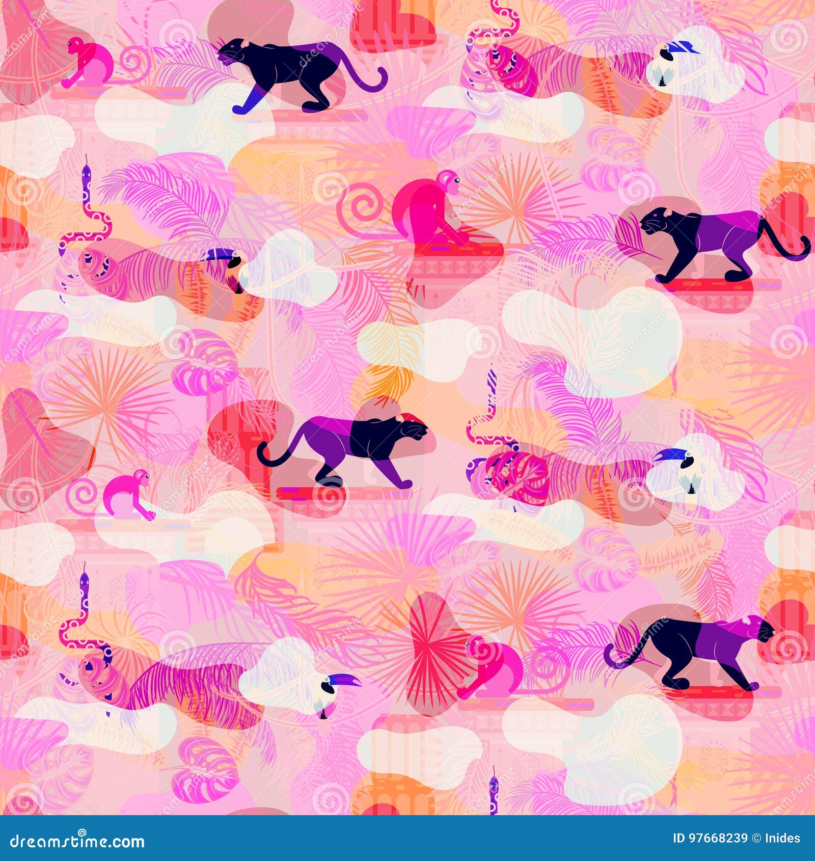 Pink Eclectic Rainforest Wild Animals and Plants Camo Seamless Pattern ...