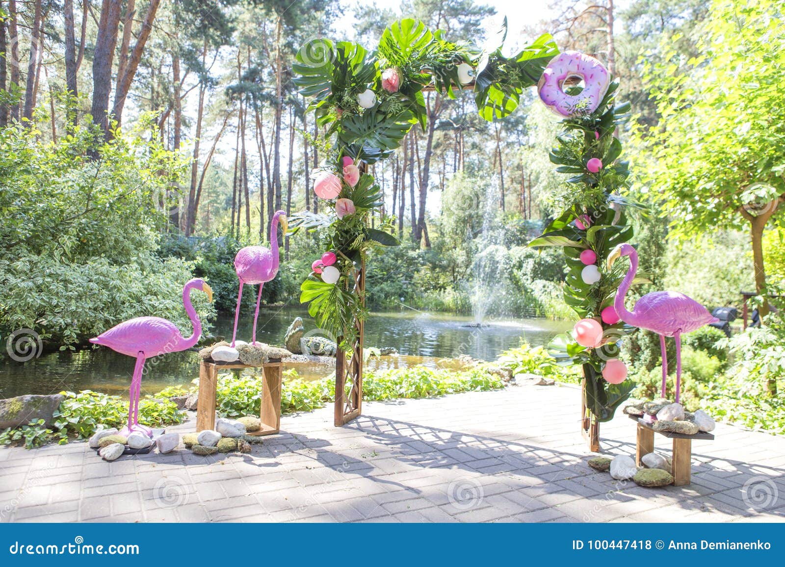 Pink Fake Flamingo Wedding Decoration With Anthurium Flowers And