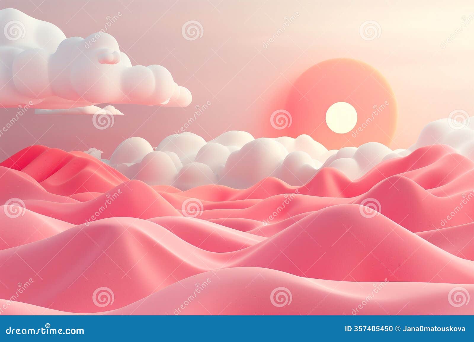 pink fantasy 3d landscape with hills and clouds