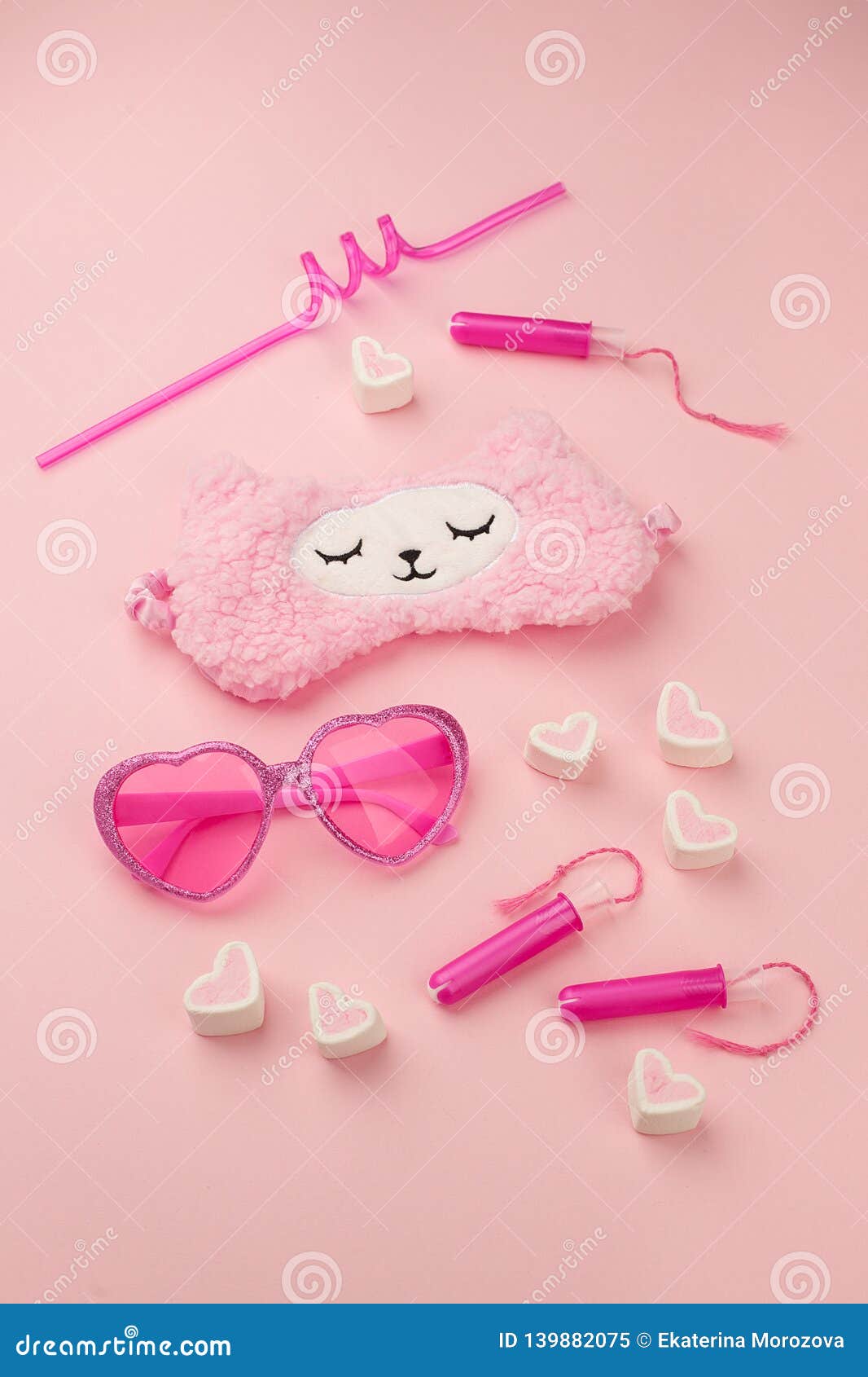 Pink Fashion Trendy Woman`s Girl Set with Heart Shaped Sunglasses, Sleep  Band, Tampon, Straw, Sweetness on Candy Pink Background, Stock Image -  Image of holiday, lovely: 139882075