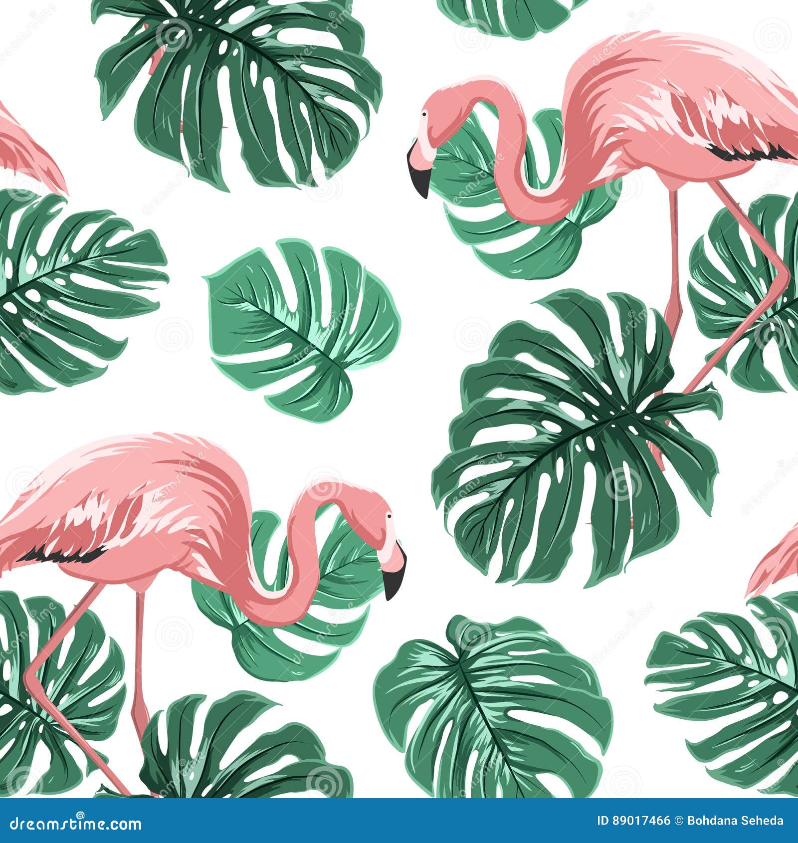 pink flamingo birds green monstera leaves pattern