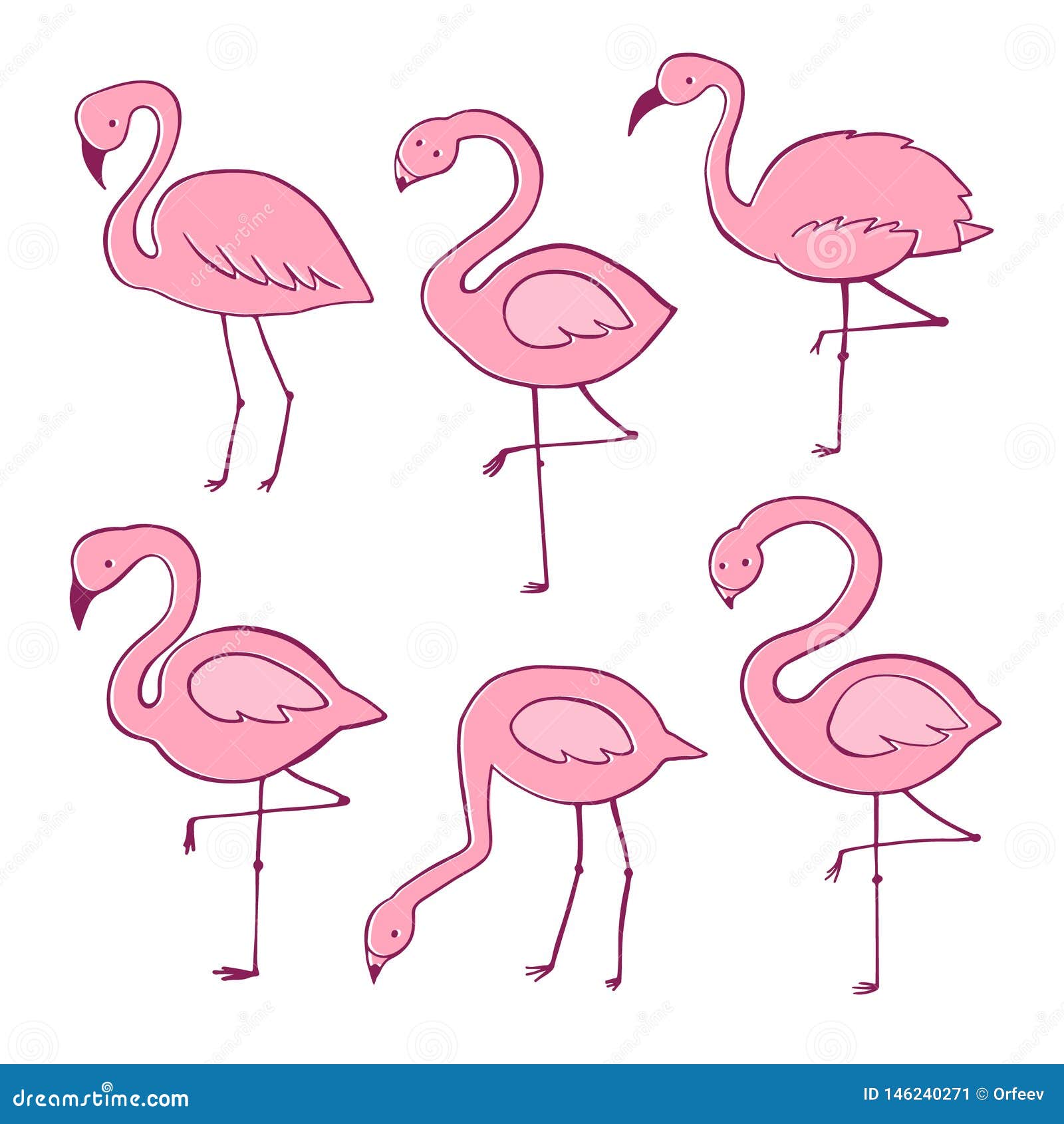 Pink Flamingo Vector Cartoon Flat Set. Exotic Tropical Bird Icons ...