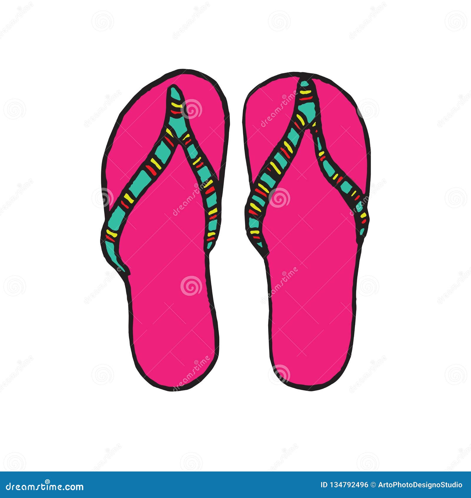 Pink Flip-flops with Green Striped Band, Isolated Hand Drawn Outline ...