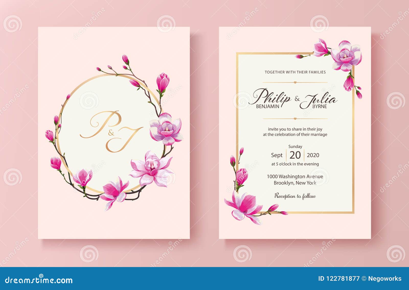 pink floral wedding invitation card. . magnolia flower.