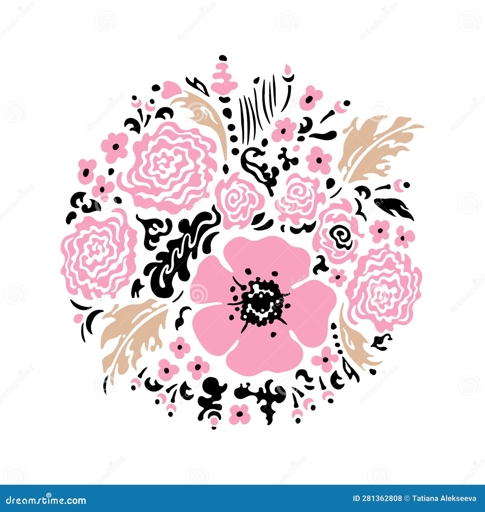 Pink Flowers and Beige Leaves. Vector Floral Bouquet. Hand-drawn