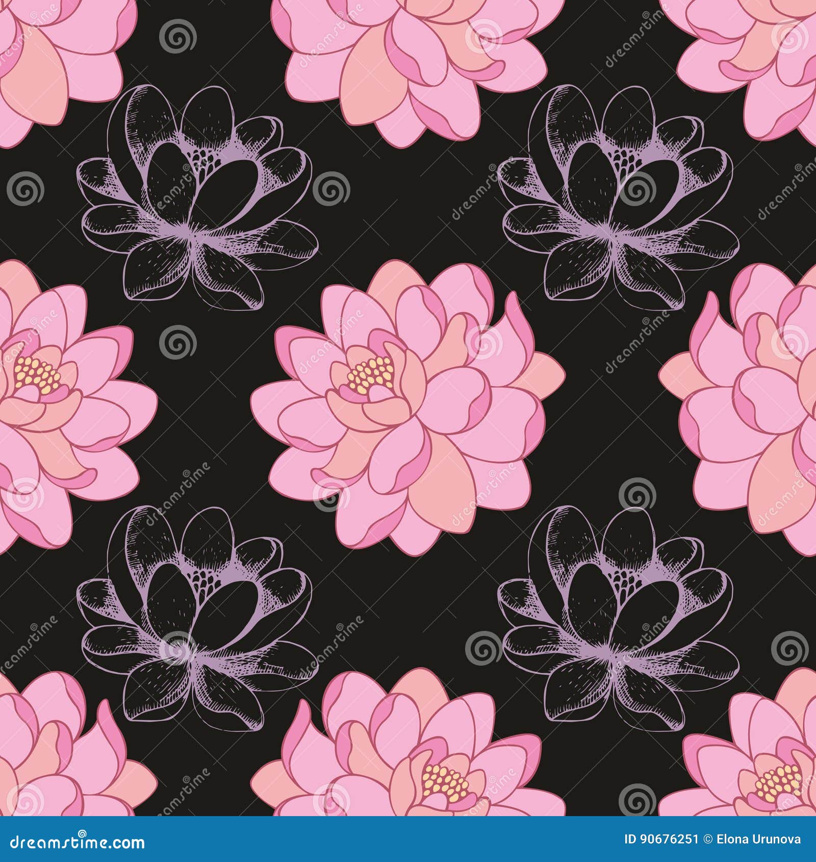 Pink Flowers on a Black Background in Combination with a Hand Drawing. Vector Seamless Pattern