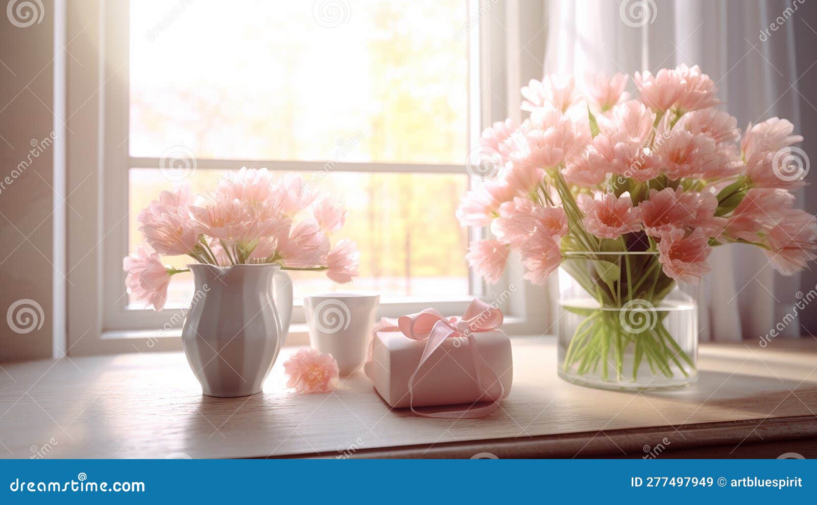 Pink Flowers on the Windowsill, in the Style of Romantic Themes. AI