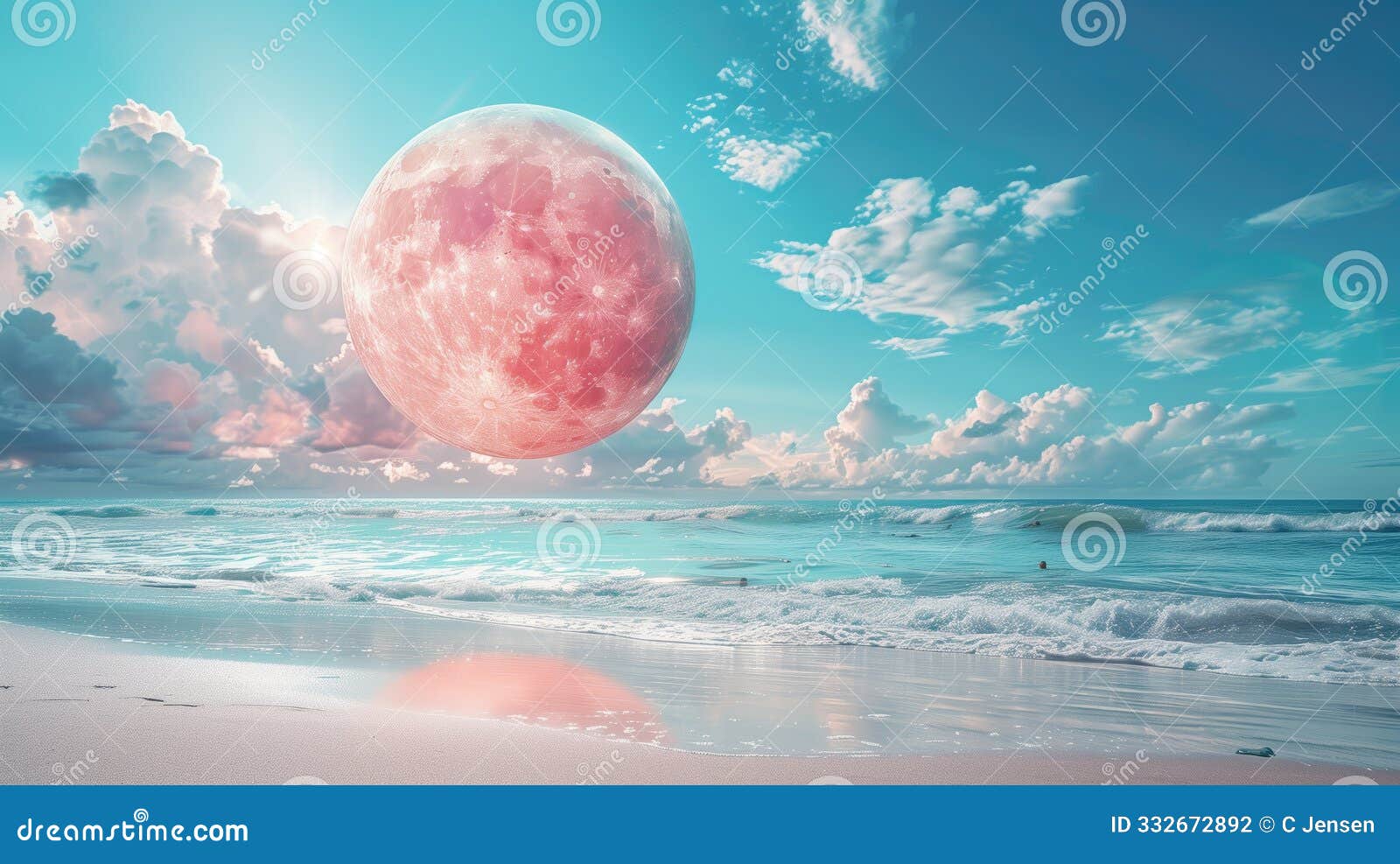 pink full moon overlooking a beautiful tropical beach, island vacation marketing backdrop concept, lunar eclipse