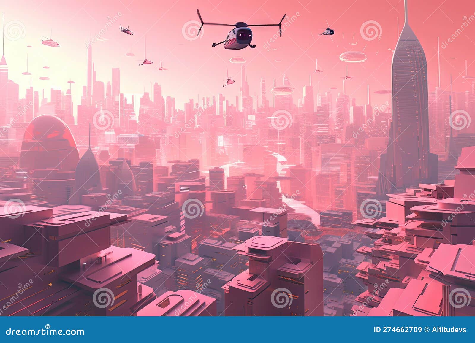 Pink Futuristic Cityscape, with Towering Buildings and Flying Vehicles ...