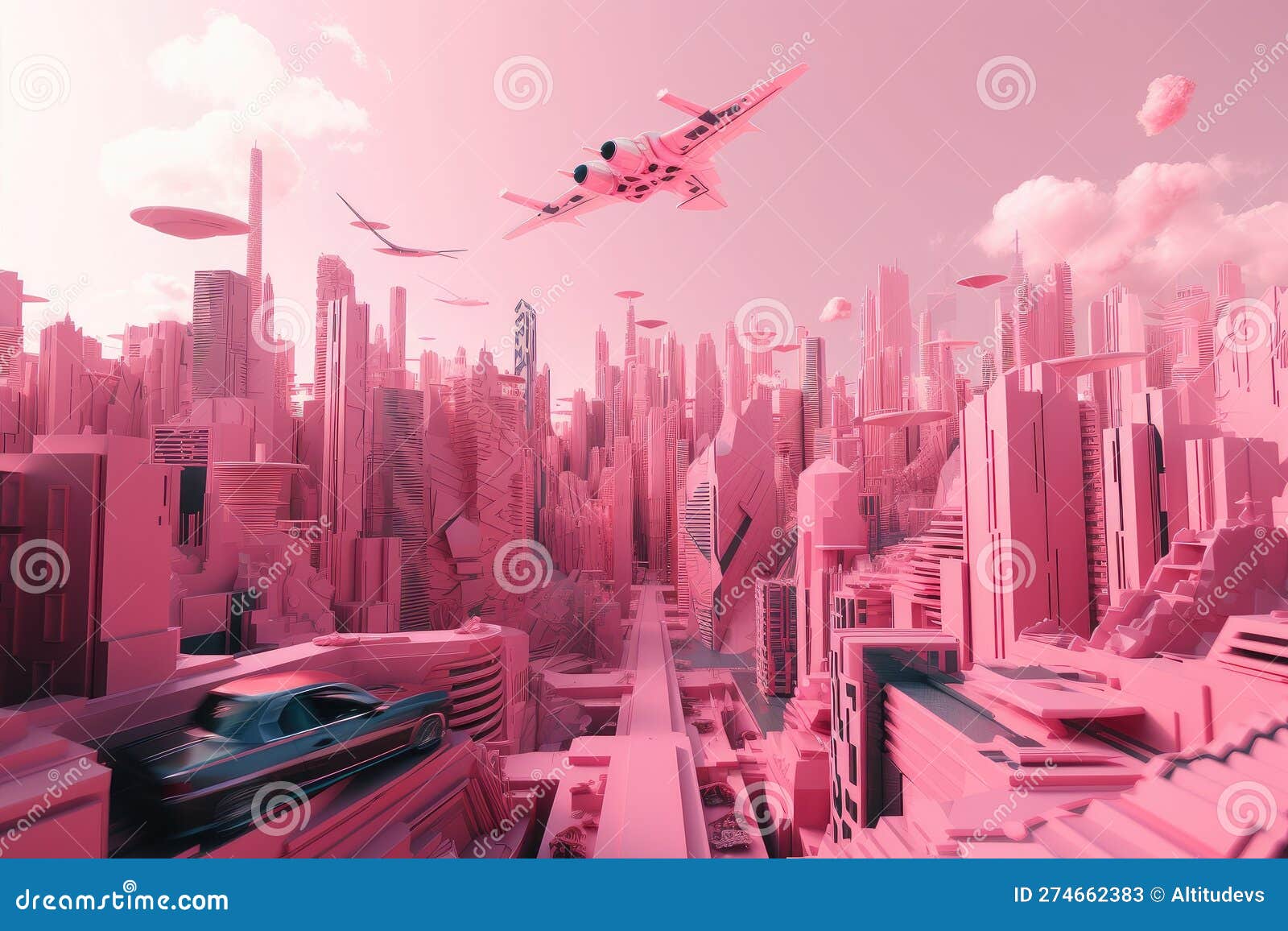 Pink Futuristic Cityscape, with Towering Skyscrapers and Flying Cars ...