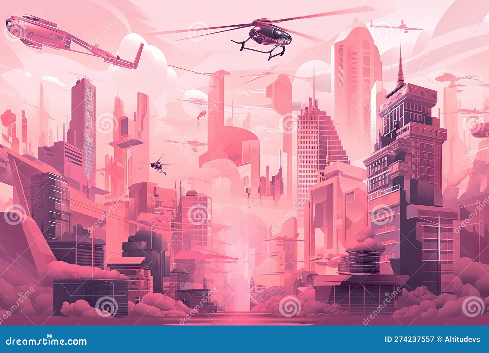 Pink Futuristic Cityscape with Towering Skyscrapers and Flying ...