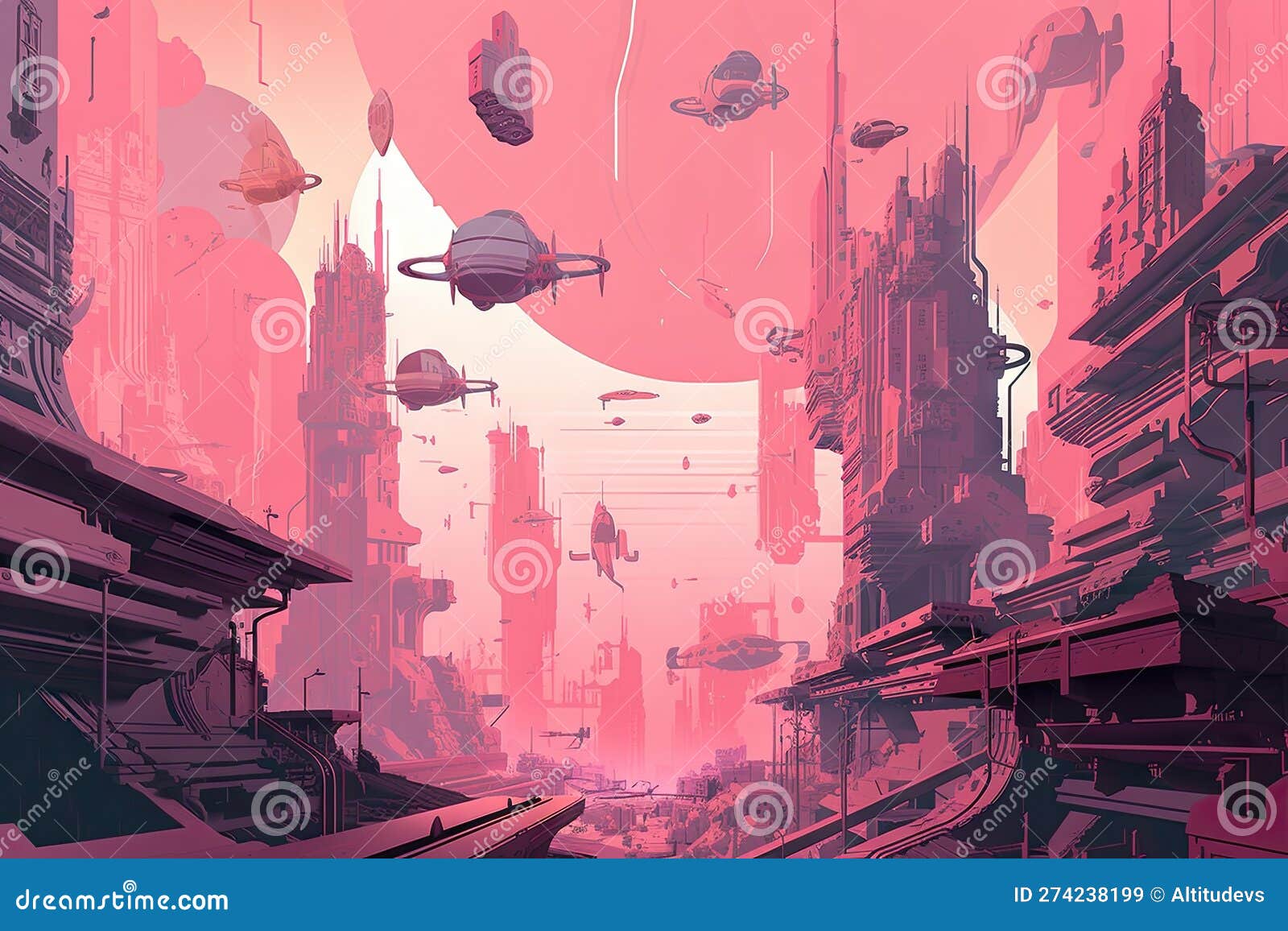 Pink Futuristic Cityscape, with Towering Skyscrapers and Flying ...